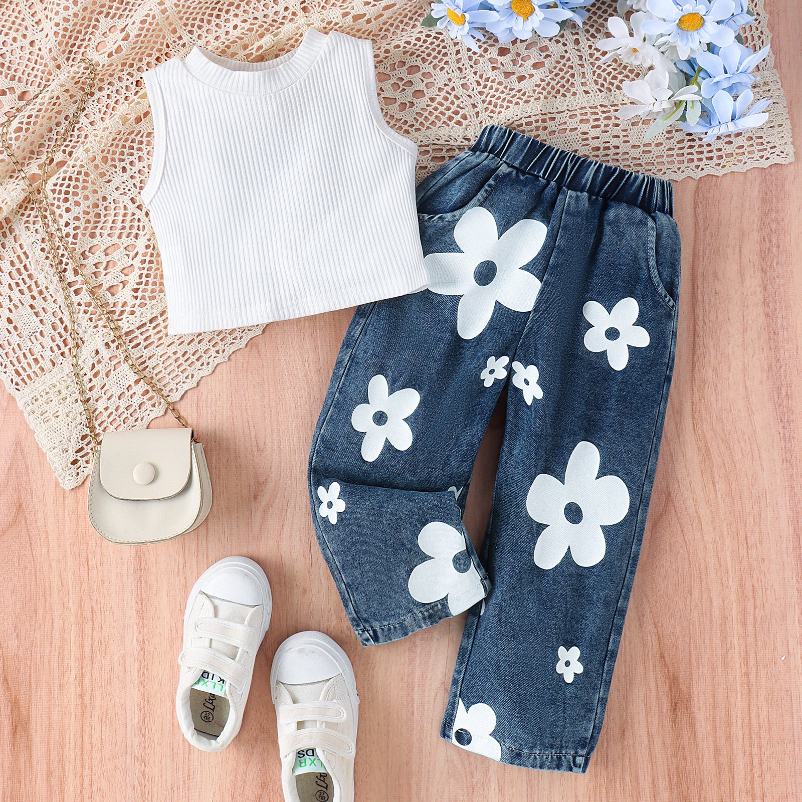 Children's summer girls pit strip solid color top trend printed jeans 2-6 year old set