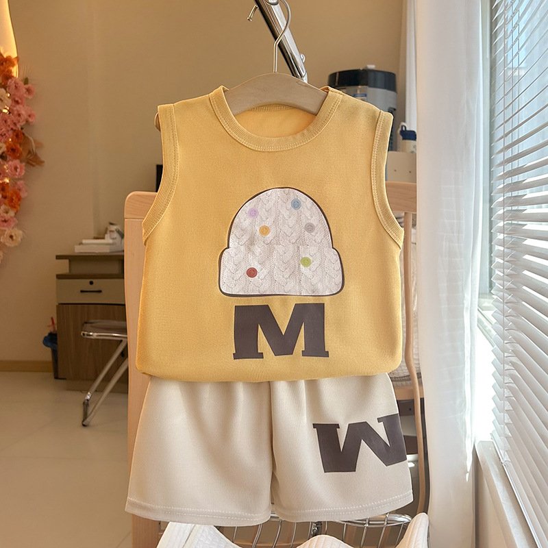 Children's Cartoon Print Sleeveless Round Neck T-shirt Sports Two-piece Summer New Boys' Vest Set