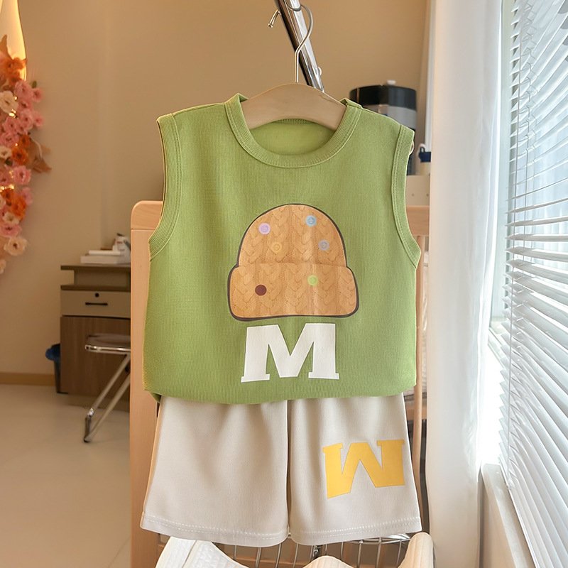 Children's Cartoon Print Sleeveless Round Neck T-shirt Sports Two-piece Summer New Boys' Vest Set