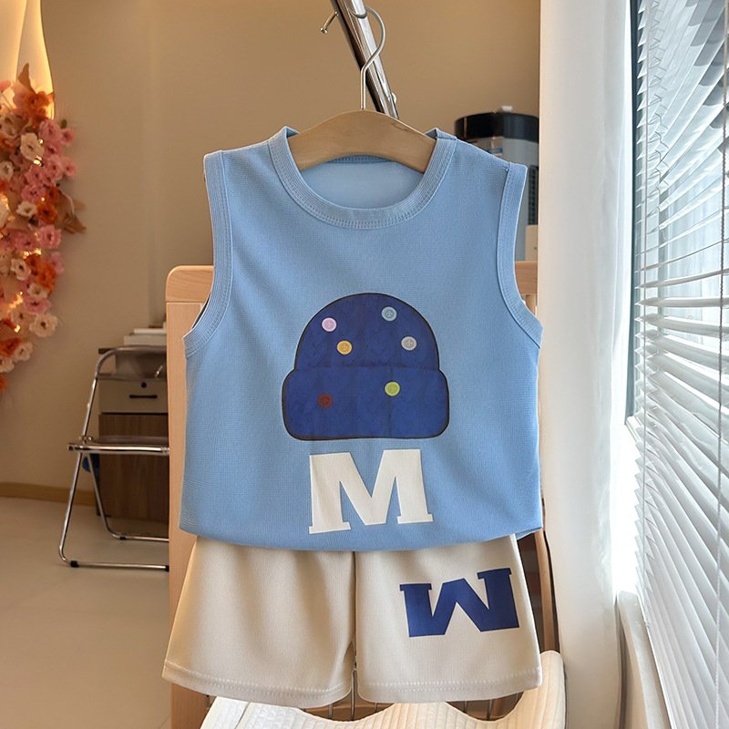 Children's Cartoon Print Sleeveless Round Neck T-shirt Sports Two-piece Summer New Boys' Vest Set