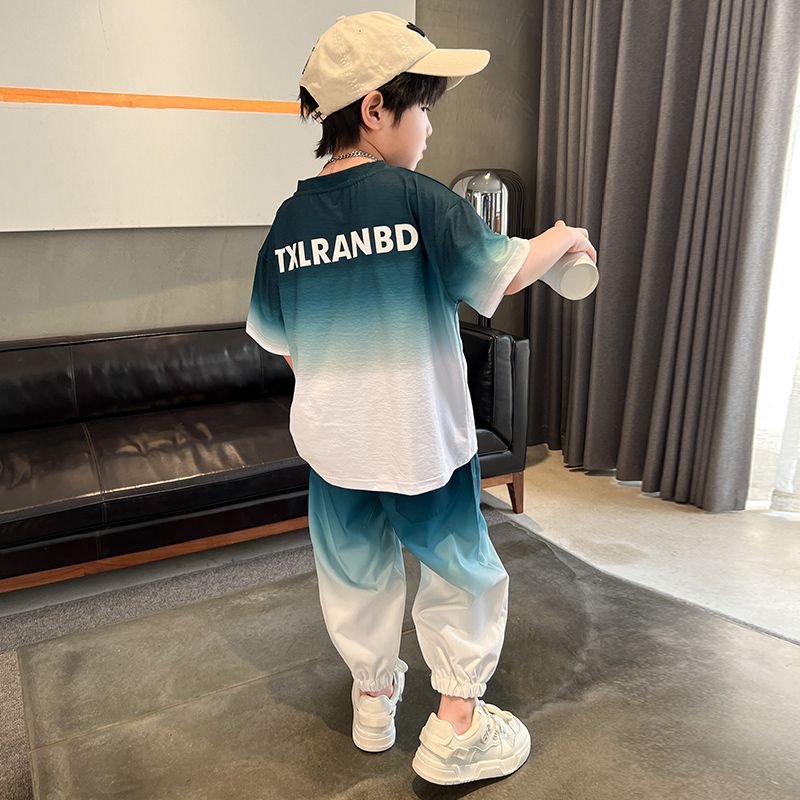 Korean Style Summer Teenagers 2pcs Suits T-shirt+Pants Gradient Color Fashion Boys Clothing Sets