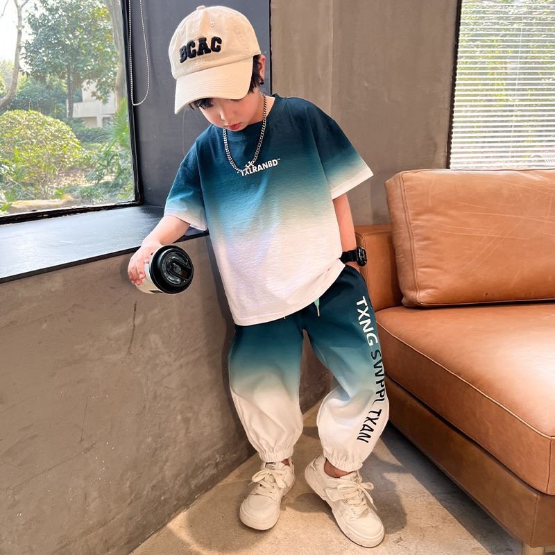 Korean Style Summer Teenagers 2pcs Suits T-shirt+Pants Gradient Color Fashion Boys Clothing Sets