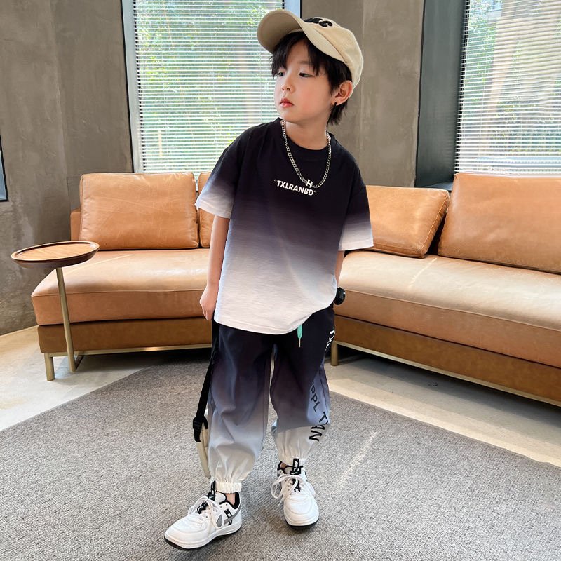 Korean Style Summer Teenagers 2pcs Suits T-shirt+Pants Gradient Color Fashion Boys Clothing Sets