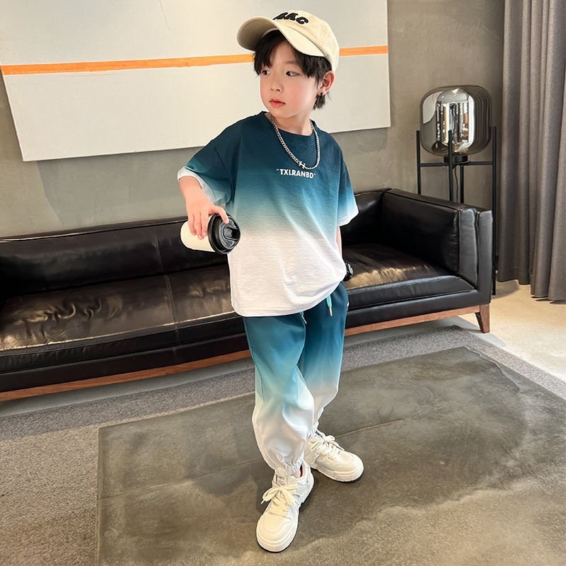 Korean Style Summer Teenagers 2pcs Suits T-shirt+Pants Gradient Color Fashion Boys Clothing Sets