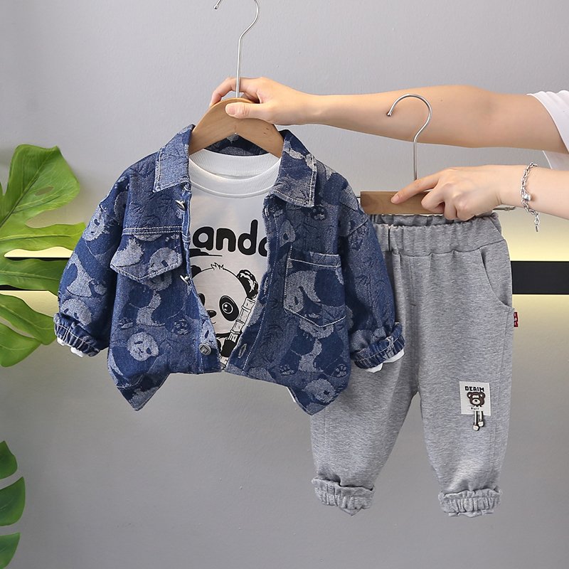 Casual New Boys' Denim Jacket and T-Shirt Set Comfortable Breathable Korean Style with panda Pattern for Autumn