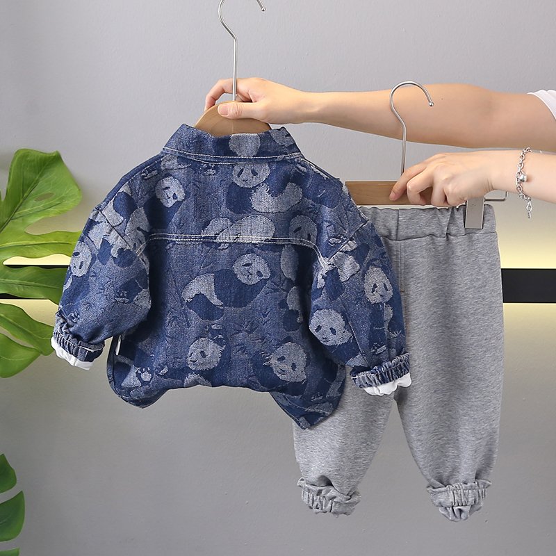 Casual New Boys' Denim Jacket and T-Shirt Set Comfortable Breathable Korean Style with panda Pattern for Autumn