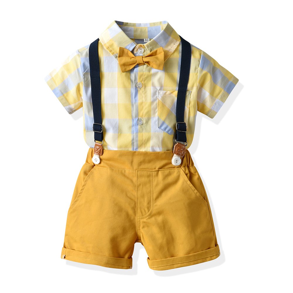 Factory Direct Sale Baby Boy Plaid Yellow Costume 1 To 6 Years Boys Fashion Suit 4 Piece Sets Kids Gentleman Short Pants