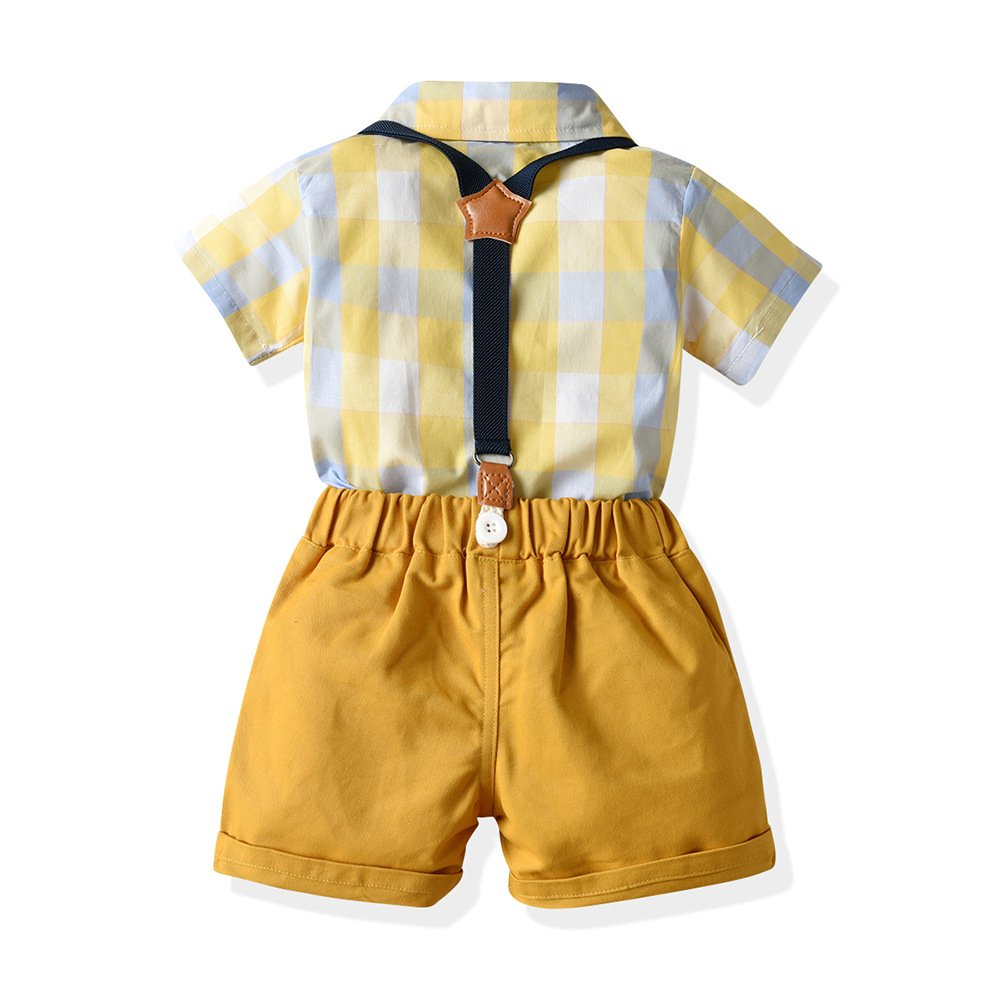 Factory Direct Sale Baby Boy Plaid Yellow Costume 1 To 6 Years Boys Fashion Suit 4 Piece Sets Kids Gentleman Short Pants