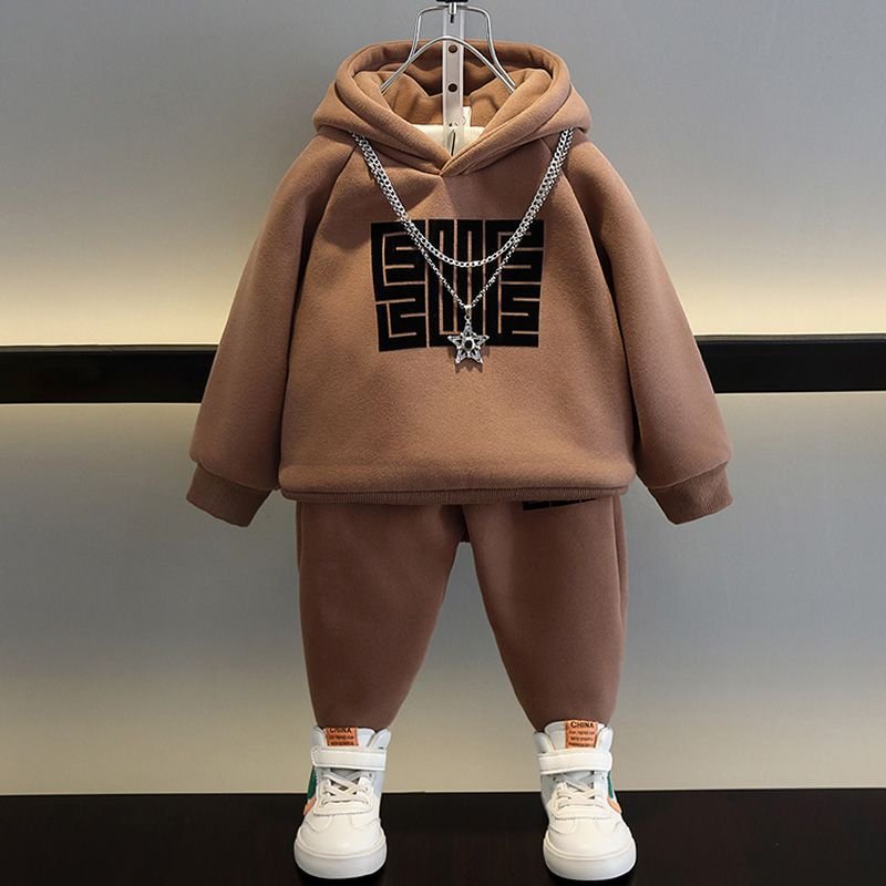 Boys Girls Sport Hoodie Suit Autumn Winter Fleece Thick Warm Sweatshirt Two Pieces Kids Tracksuit Children Clothing Set