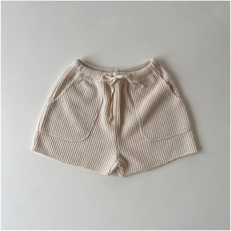 2Pcs Summer Boys Girls Clothing Sets Solid Color Soft Loose Short Sleeve Drawstring Shorts Waffle Outfits Children Knitted Suits