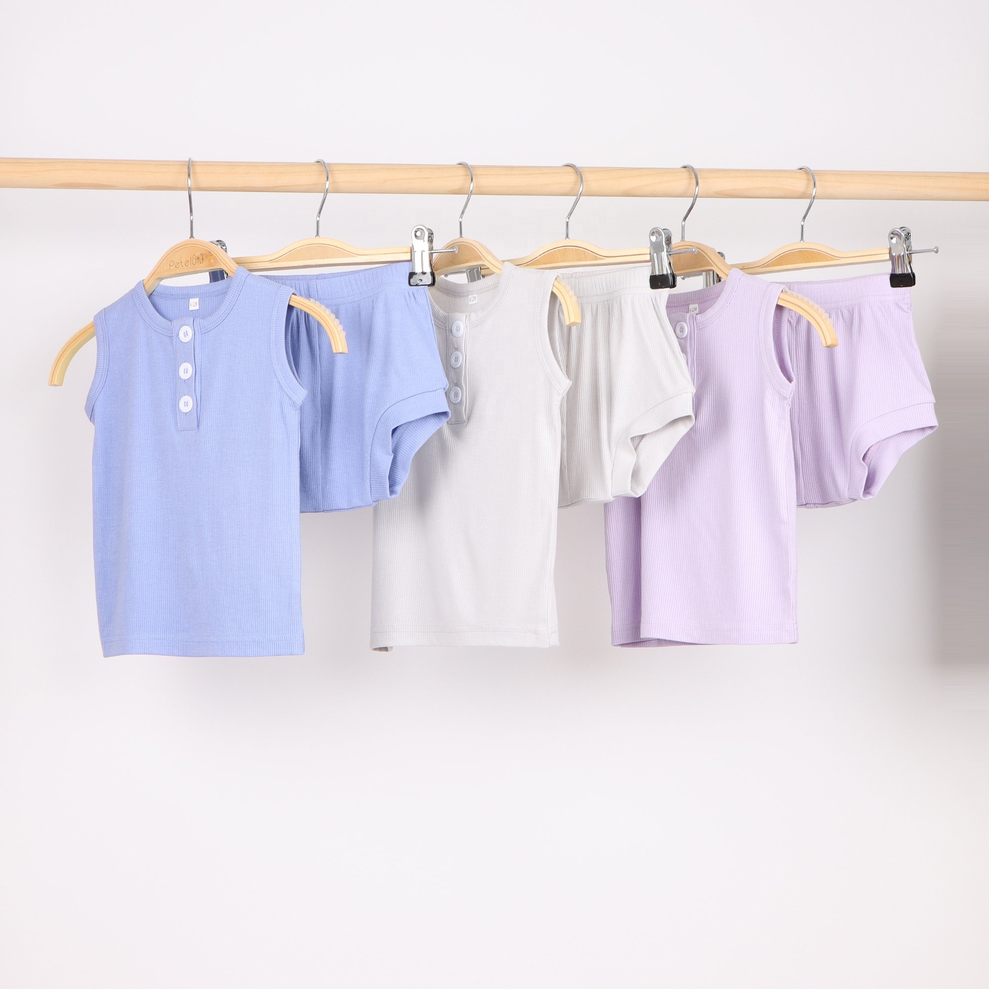 Full Custom Sleeveless Modal Ribbed Fabric Baby Boys Clothing Sets Kids Children's Clothing With Button Closure For Summer