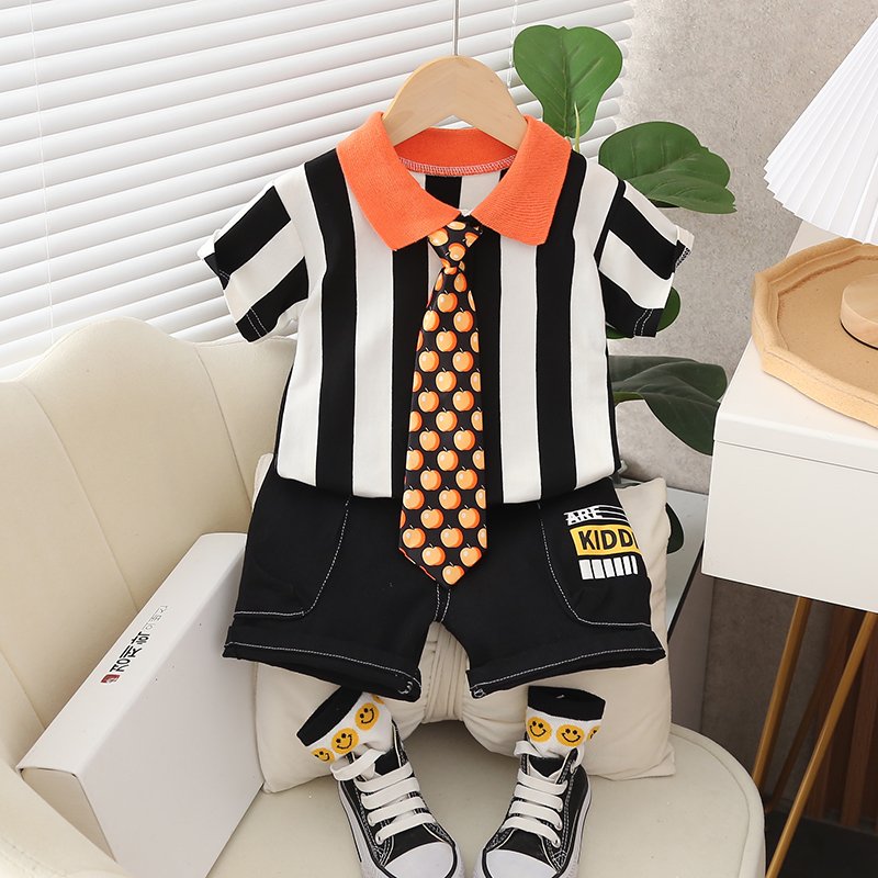 Summer 202 Latest Design Bear Pattern Boys Short Sleeve Polo Shirt and Washed Denim Shorts 2 Piece Set of High Quality Clothing