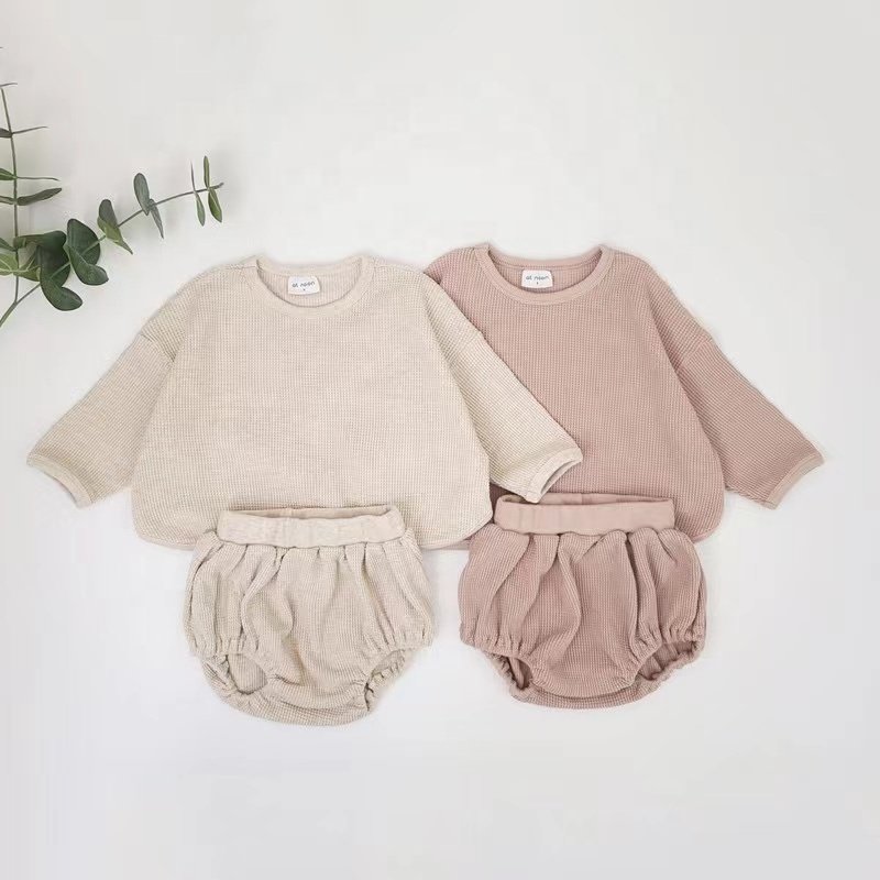 NEW Boys and Girls' Spring Autumn 2 Piece Set Long Sleeve Waffle Checkered Sweater Pullover with Triangle Shorts baby Clothing