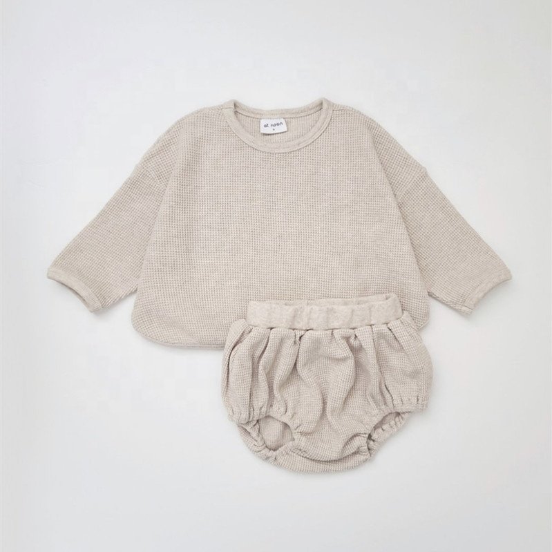 NEW Boys and Girls' Spring Autumn 2 Piece Set Long Sleeve Waffle Checkered Sweater Pullover with Triangle Shorts baby Clothing