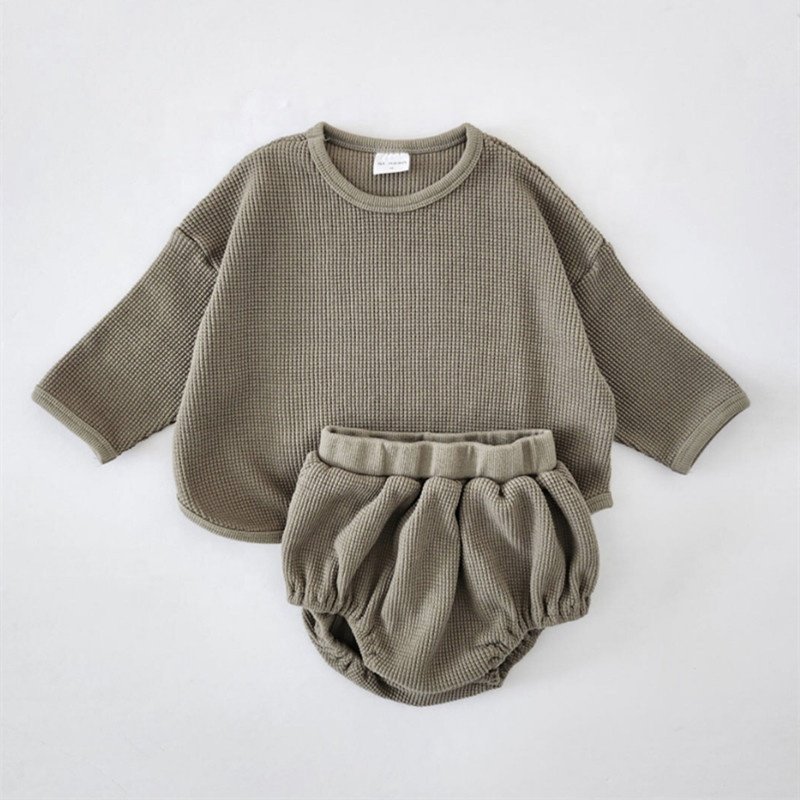 NEW Boys and Girls' Spring Autumn 2 Piece Set Long Sleeve Waffle Checkered Sweater Pullover with Triangle Shorts baby Clothing