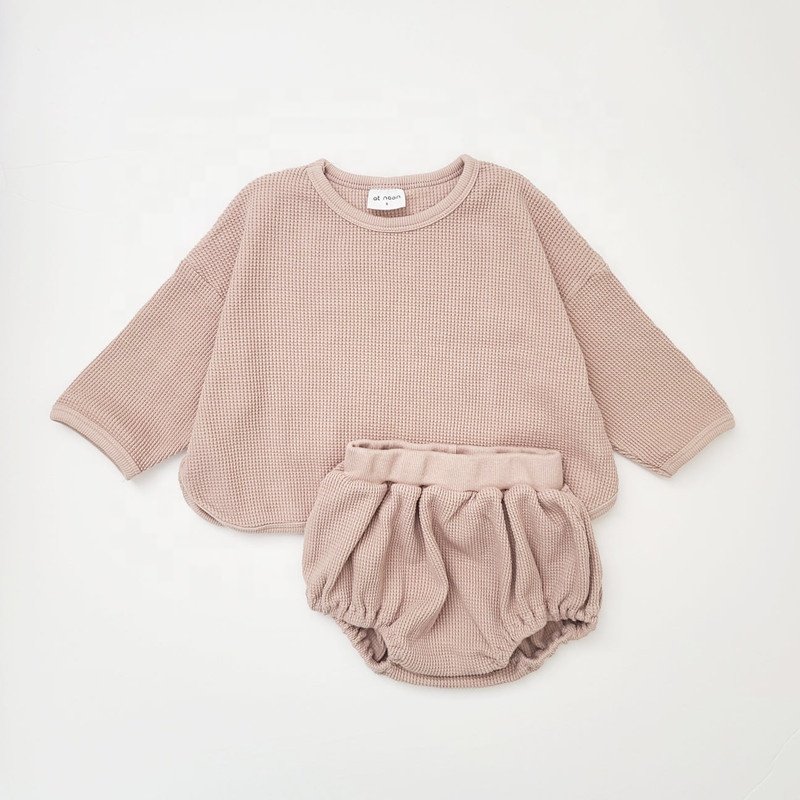 NEW Boys and Girls' Spring Autumn 2 Piece Set Long Sleeve Waffle Checkered Sweater Pullover with Triangle Shorts baby Clothing