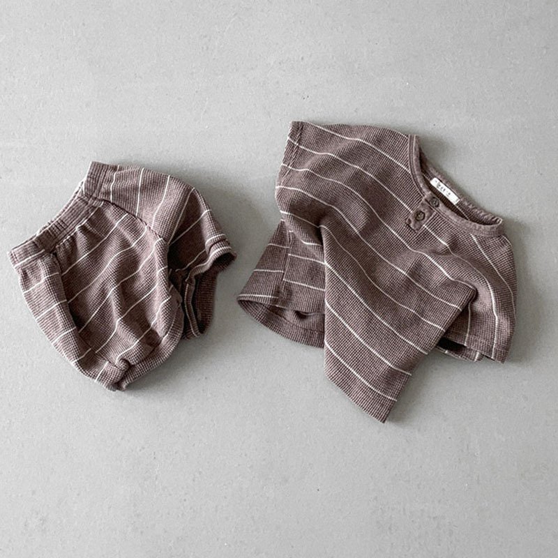 Summer Infant Short Sleeve waffle Clothes Kid Cotton Striped Clothing Set Baby Girls Boys Shirt Set