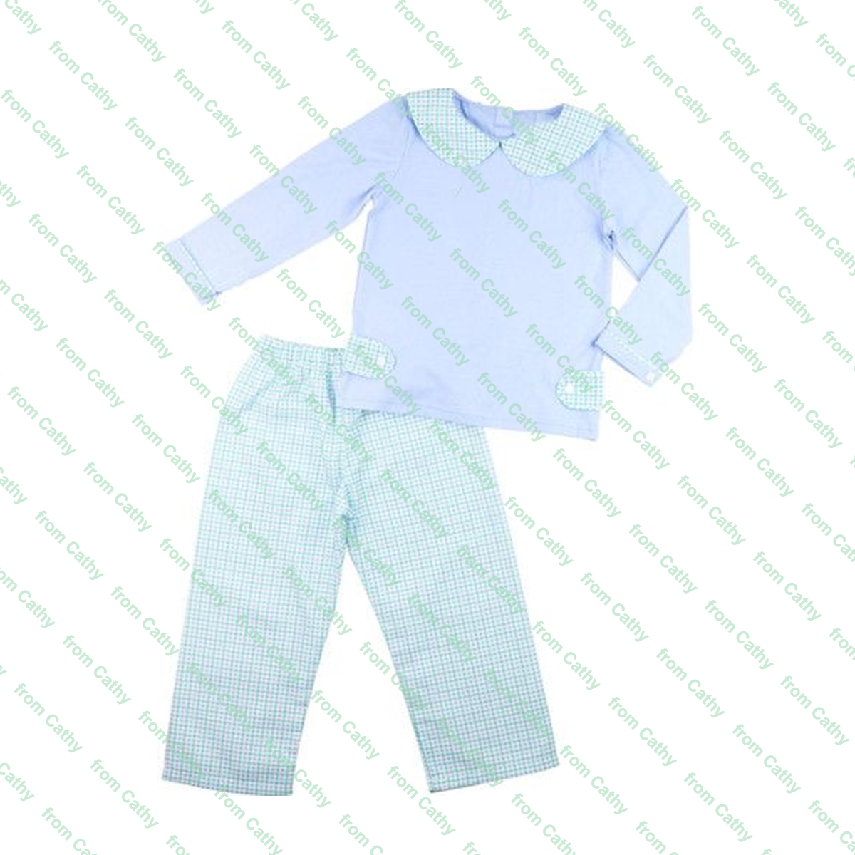 Autumn winter long sleeve customized baby boys clothes set white shirt with trimmed bib and tiny gingham pant set for kids boy