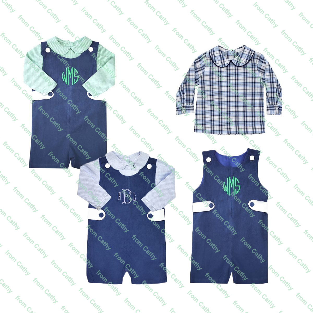 Autumn winter long sleeve customized baby boys clothes set white shirt with trimmed bib and tiny gingham pant set for kids boy