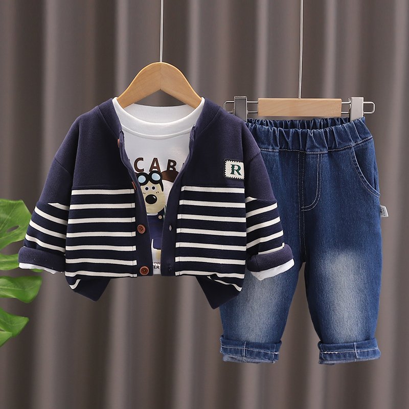 Boys autumn suit 2024 new foreign style baby children's clothes one-year-old boy baby striped cardigan three-piece set