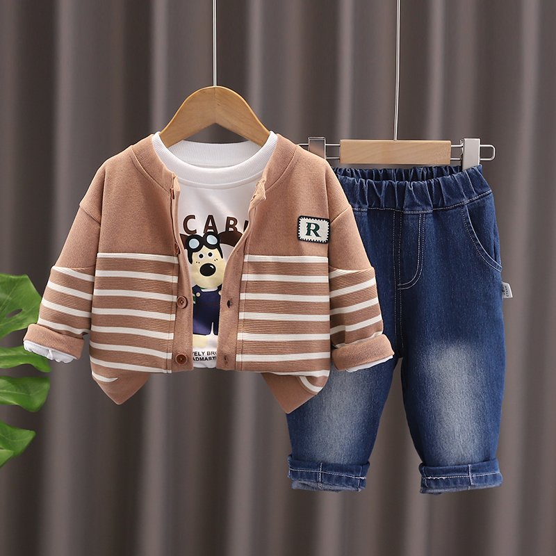 Boys autumn suit 2024 new foreign style baby children's clothes one-year-old boy baby striped cardigan three-piece set