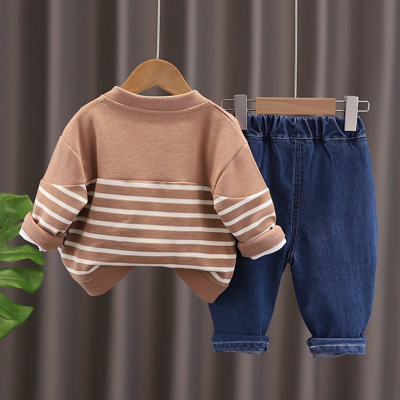 Boys autumn suit 2024 new foreign style baby children's clothes one-year-old boy baby striped cardigan three-piece set