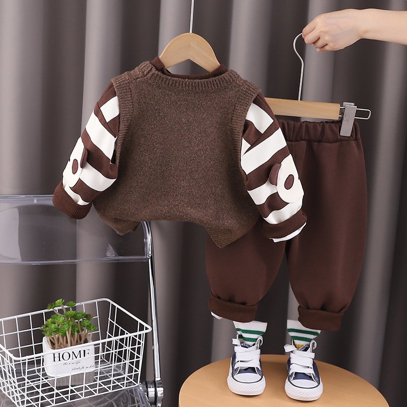 2024 Autumn/Winter Boys' Casual Clothing Set Three-Piece Sweater Vest Shirt Long Sleeve Hoodie Outdoor Kids' Cartoon Warm Suit