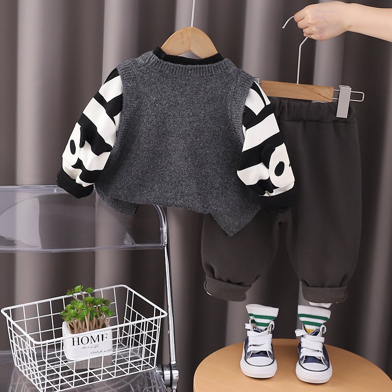 2024 Autumn/Winter Boys' Casual Clothing Set Three-Piece Sweater Vest Shirt Long Sleeve Hoodie Outdoor Kids' Cartoon Warm Suit