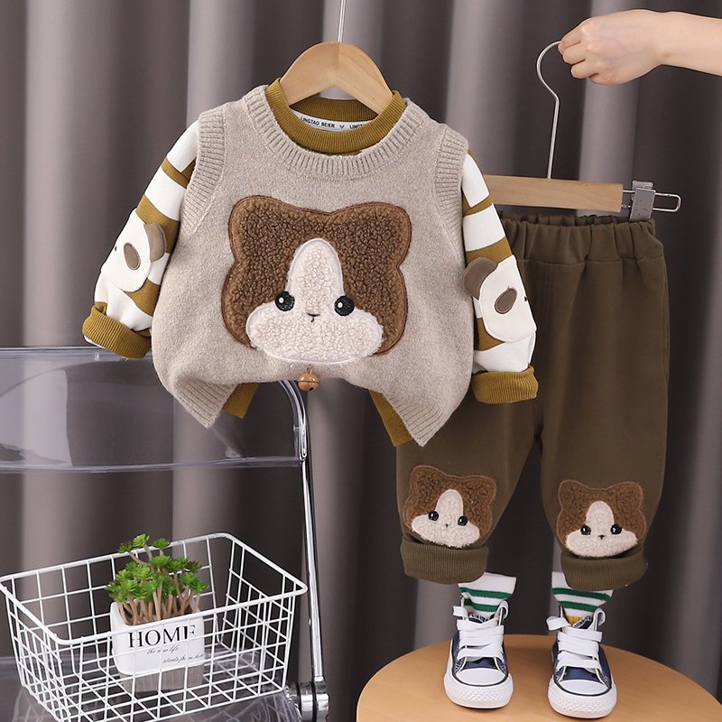 2024 Autumn/Winter Boys' Casual Clothing Set Three-Piece Sweater Vest Shirt Long Sleeve Hoodie Outdoor Kids' Cartoon Warm Suit
