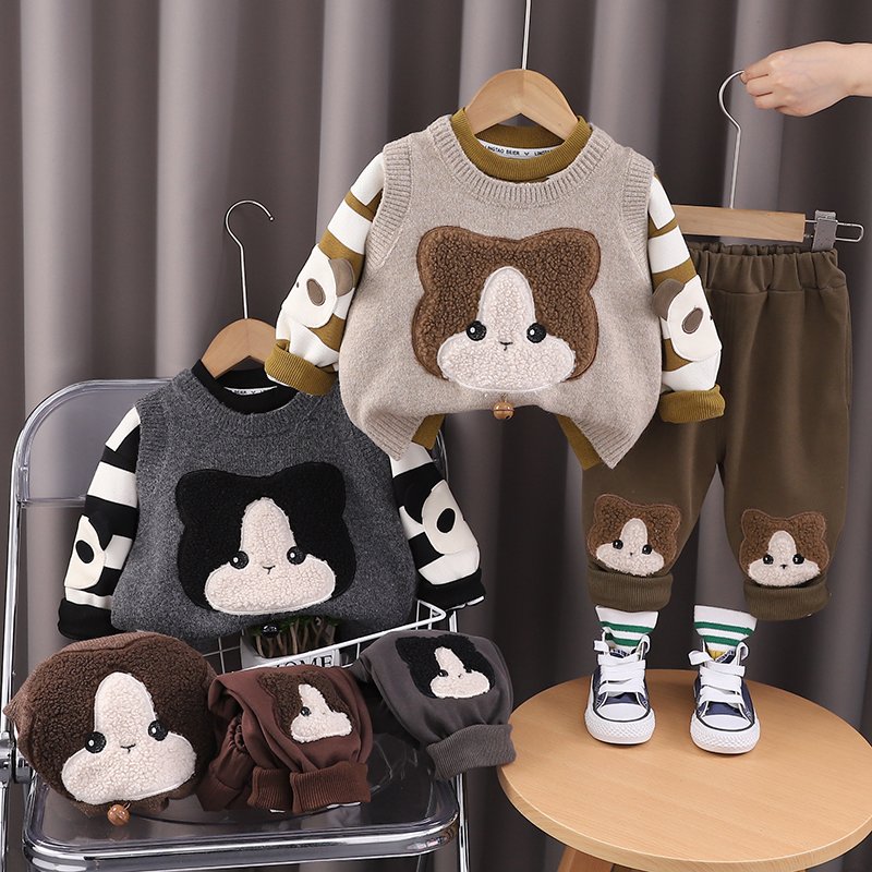 2024 Autumn/Winter Boys' Casual Clothing Set Three-Piece Sweater Vest Shirt Long Sleeve Hoodie Outdoor Kids' Cartoon Warm Suit