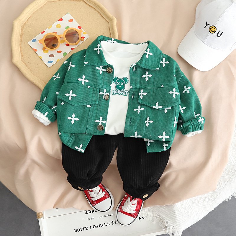 Wholesale Boys 3 Pieces Clothing Set long sleeves printed jacket coat +cartoon t-shirt + pants outfits for kids