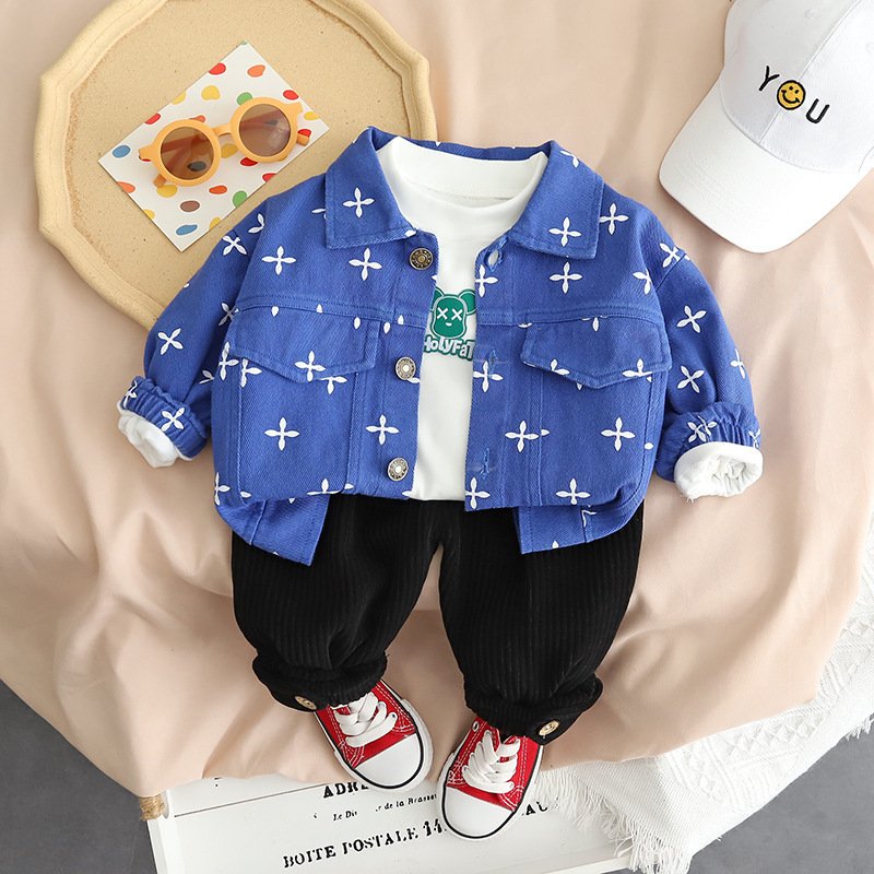 Wholesale Boys 3 Pieces Clothing Set long sleeves printed jacket coat +cartoon t-shirt + pants outfits for kids