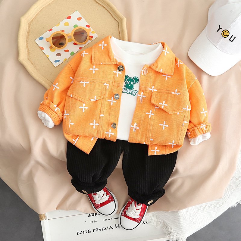 Wholesale Boys 3 Pieces Clothing Set long sleeves printed jacket coat +cartoon t-shirt + pants outfits for kids
