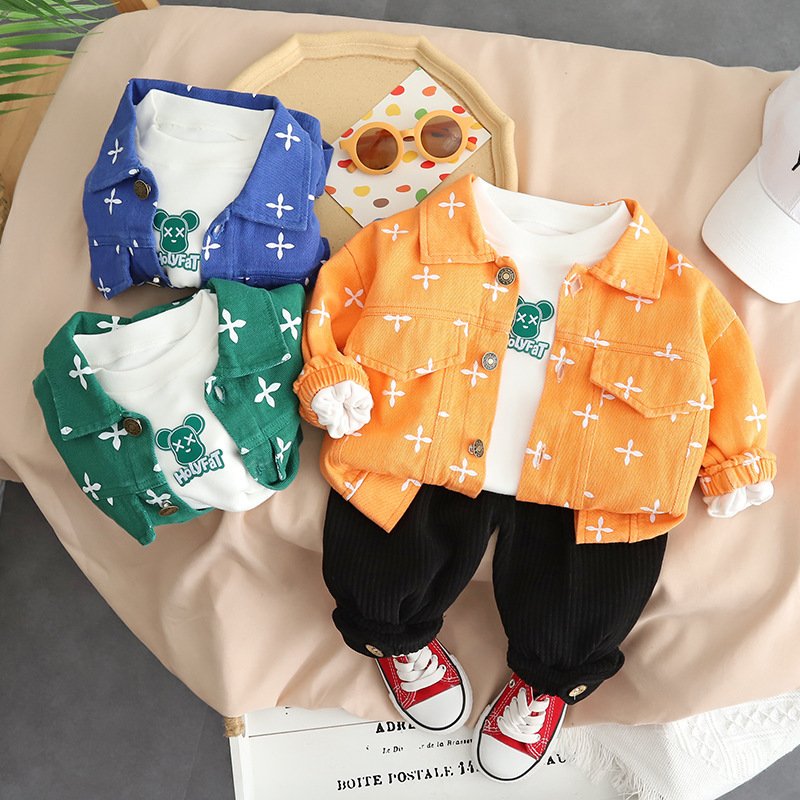 Wholesale Boys 3 Pieces Clothing Set long sleeves printed jacket coat +cartoon t-shirt + pants outfits for kids