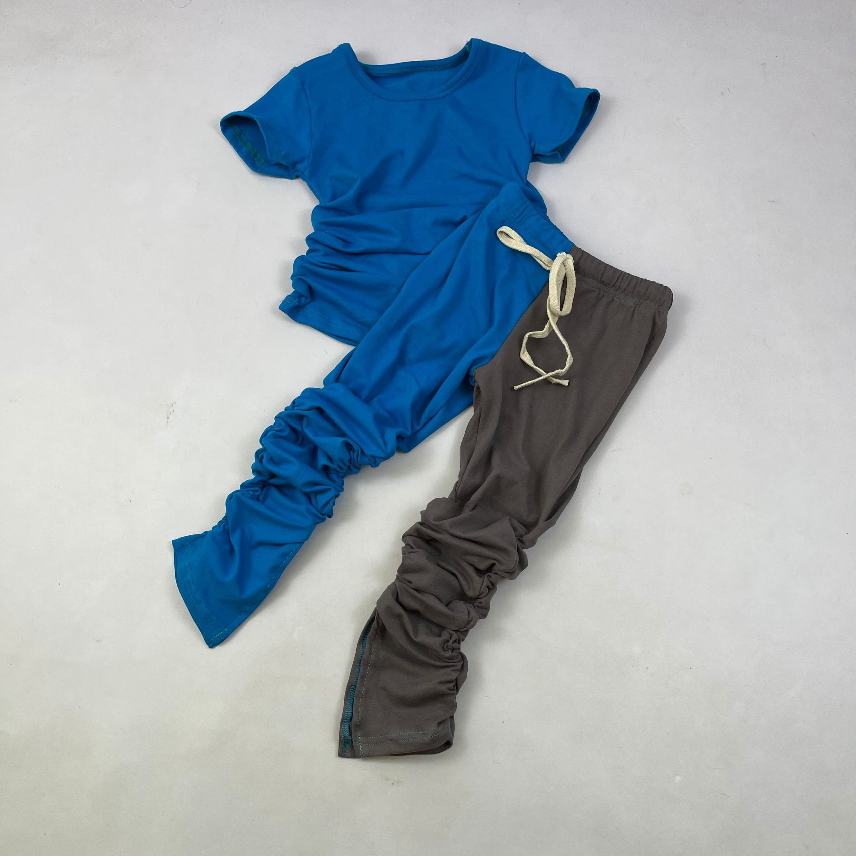 QL2020 Wholesale Fashion kid two piece cotton set solid top +splicing color stack pants boy sportswear outfits kid boutique