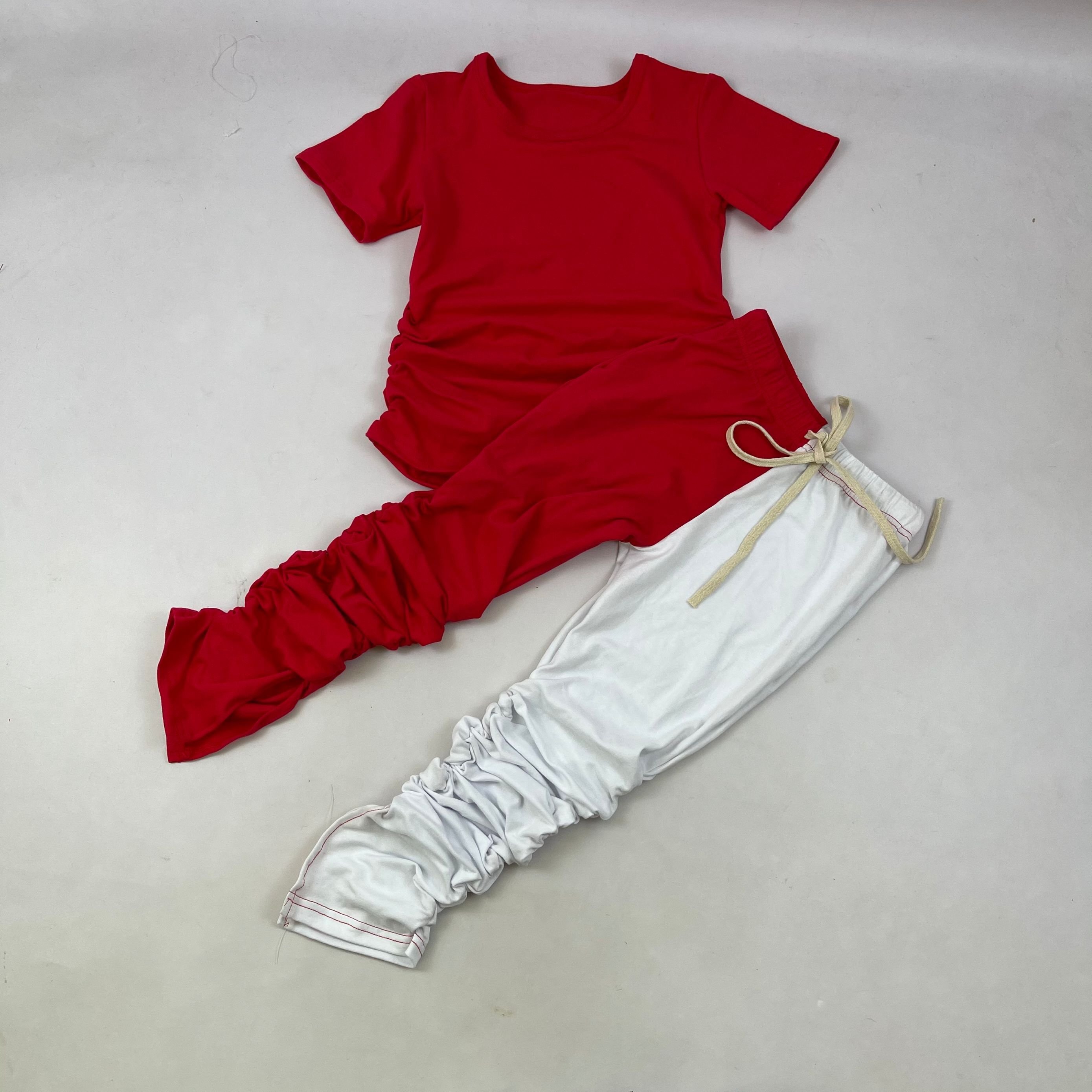 QL2020 Wholesale Fashion kid two piece cotton set solid top +splicing color stack pants boy sportswear outfits kid boutique