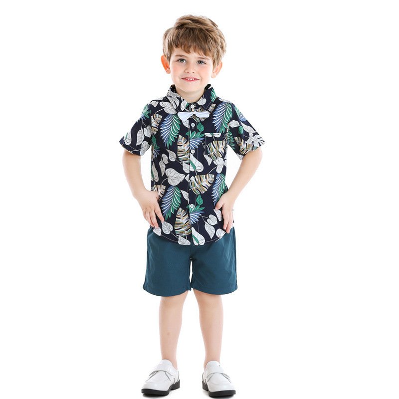 Rarewe Baby Boy Clothes Set Lapel Bow Tie Short Sleeve Printed Shirts Solid Shorts 2 Piece Children's Clothing Sets For Kids