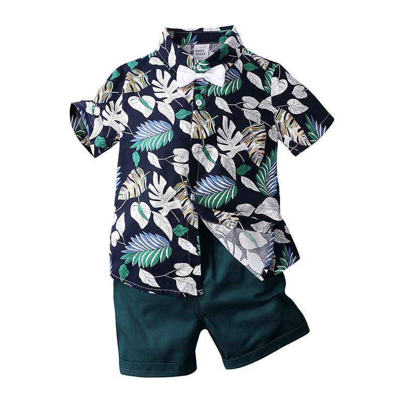 Rarewe Baby Boy Clothes Set Lapel Bow Tie Short Sleeve Printed Shirts Solid Shorts 2 Piece Children's Clothing Sets For Kids