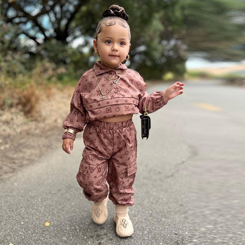 2024 Luxury Retro Print Suit Baby Clothes Girls Long Sleeve Letter Printed Pullover Polo Jacket+pants 2pcs Sets For Babies
