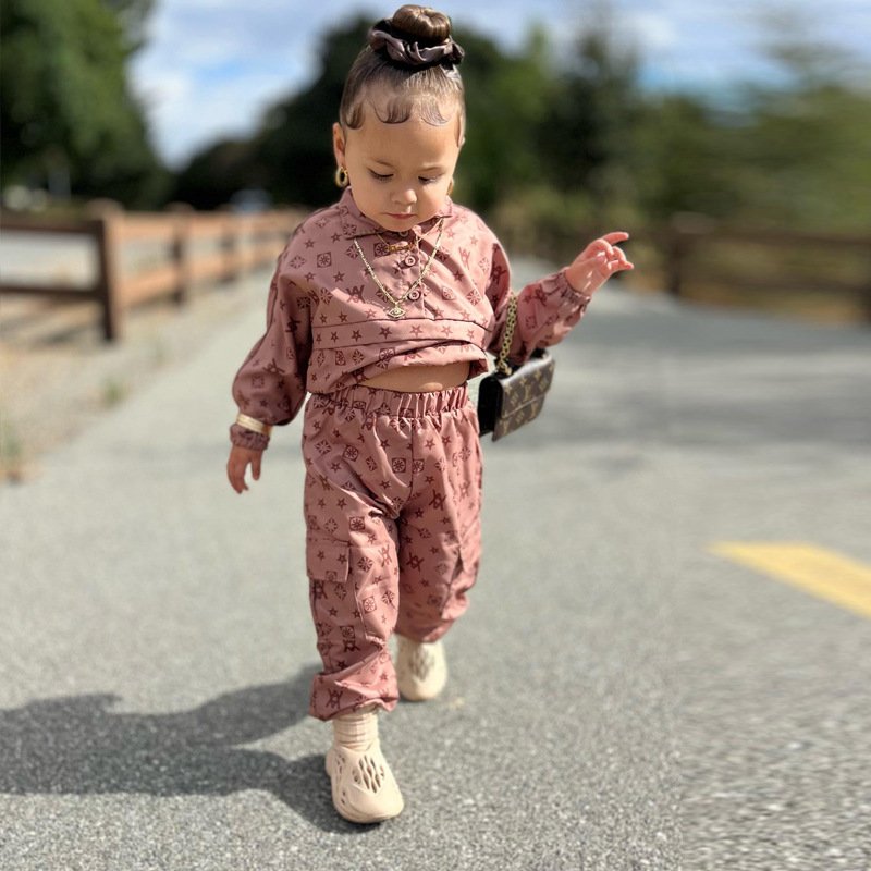 2024 Luxury Retro Print Suit Baby Clothes Girls Long Sleeve Letter Printed Pullover Polo Jacket+pants 2pcs Sets For Babies
