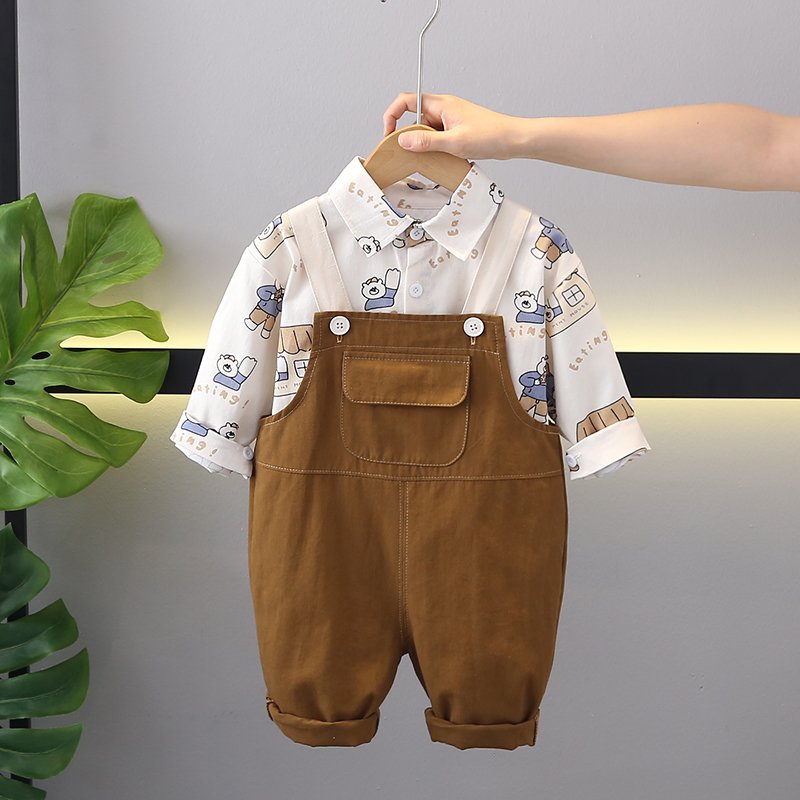 New Trendy Cartoon Animal Pattern Cotton Backband Pants Set for Boys and Babies Fashionable Short Sleeves Versatile Clothing