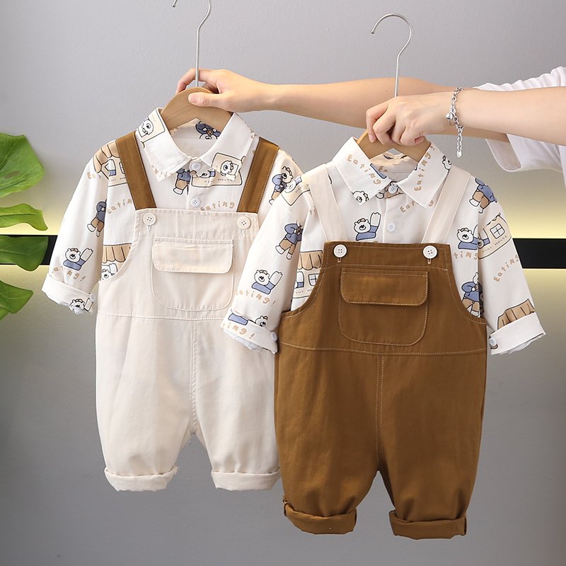 New Trendy Cartoon Animal Pattern Cotton Backband Pants Set for Boys and Babies Fashionable Short Sleeves Versatile Clothing