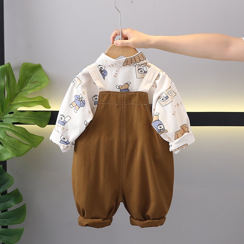 New Trendy Cartoon Animal Pattern Cotton Backband Pants Set for Boys and Babies Fashionable Short Sleeves Versatile Clothing