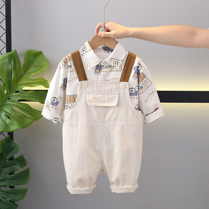 New Trendy Cartoon Animal Pattern Cotton Backband Pants Set for Boys and Babies Fashionable Short Sleeves Versatile Clothing
