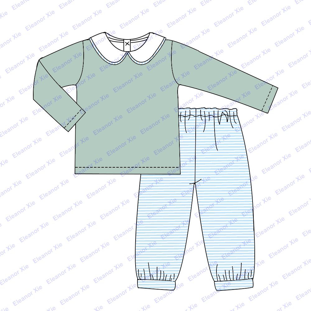 New model sage green knitted embroidered toddler boys clothing sets fall sibling matching kids little boy pant set