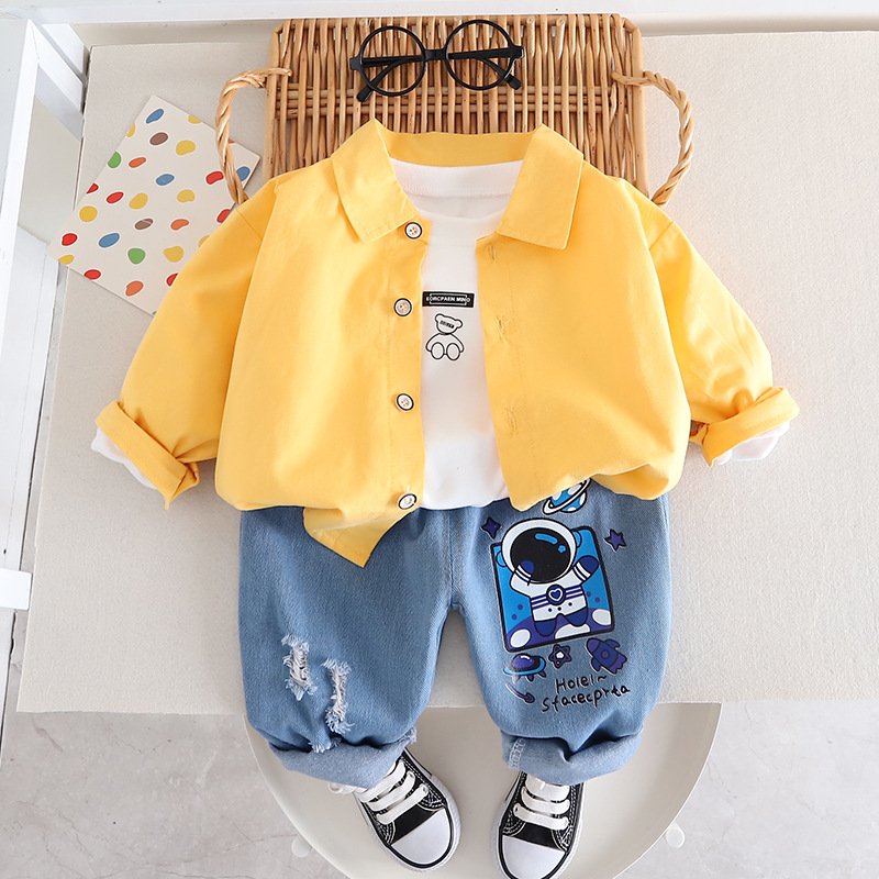 Spring and autumn new high-quality cartoon cardigan long-sleeved shirt and coat and jeans three children's clothing set