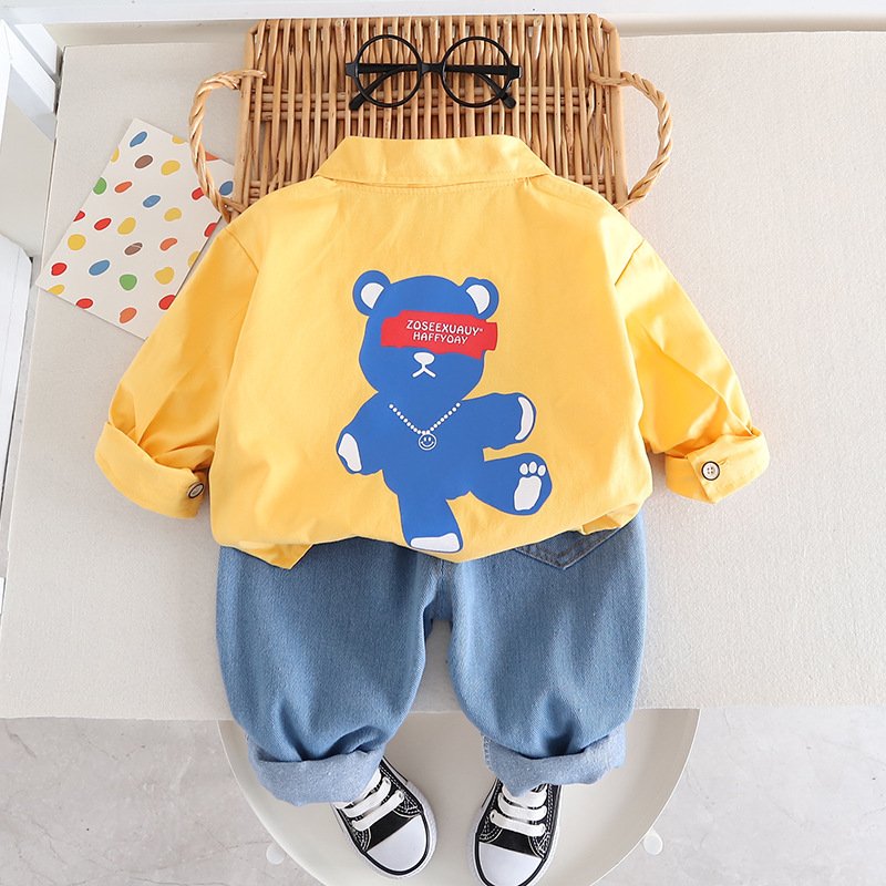 Spring and autumn new high-quality cartoon cardigan long-sleeved shirt and coat and jeans three children's clothing set