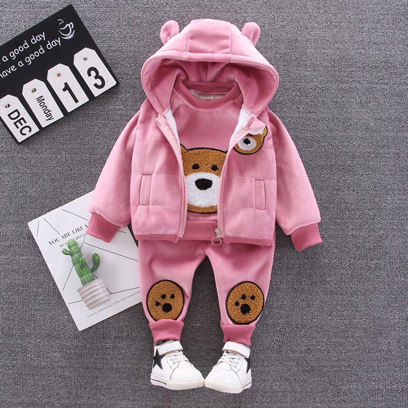 Wholesale Winter Padded Children Clothes 3 Pcs Cartoon Warm Vest Hooded Jacket Clothes Set Kids Clothes Set