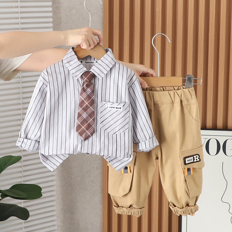 Latest Boutique Spring Autumn Kids Preppy Style Suits 2pcs Stripped Shirt+Pants Casual Boys Clothing Sets