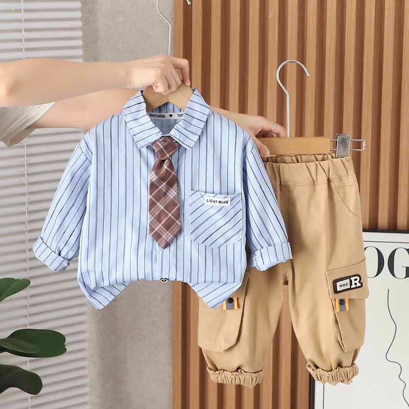 Latest Boutique Spring Autumn Kids Preppy Style Suits 2pcs Stripped Shirt+Pants Casual Boys Clothing Sets